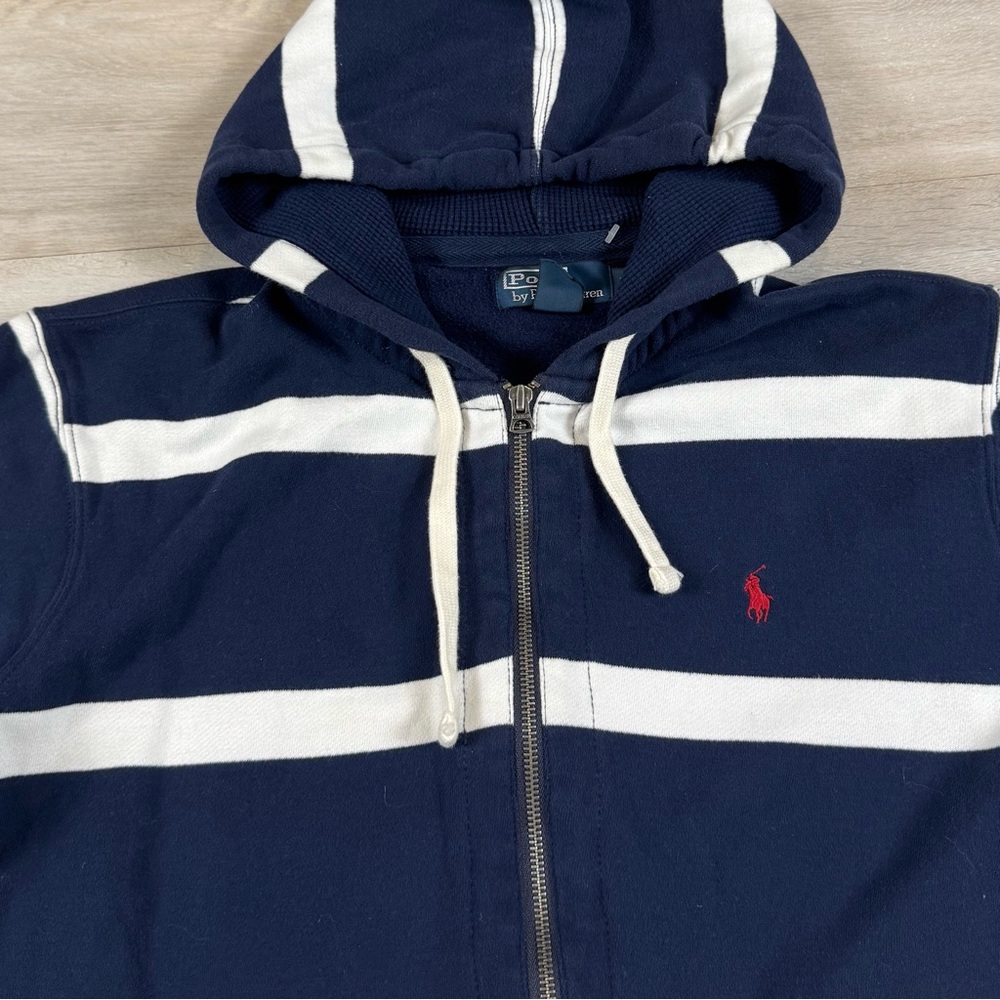 Polo Ralph Lauren Full Zip Hoodie Pony Logo Heavyweight Striped Blue Men’s Large - Picture 2 of 6